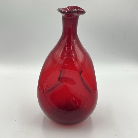 Blenko Vintage Ruby Red Glass Pinch Vase Three Sided 9 " Tall - Picture 1 of 9